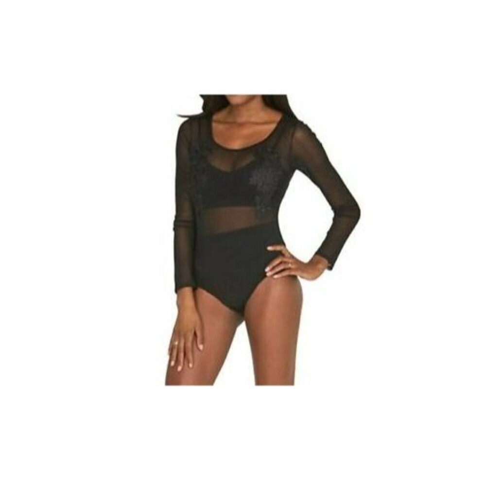 Jasmine Black Mesh Floral Applique Longsleeve Bodysuit Top Women Juniors Size XL